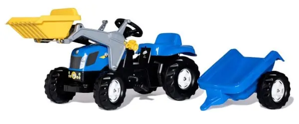 Kampanjahinta New Holland T7040 -polkutraktori etukuormaajalla ja perävaunulla, Rolly Toys 🙂