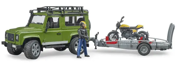 Löytö Lelu Maastoauto Land Rover perävaunulla ja Ducati moottoripyörällä (1 16), Bruder 🙂
